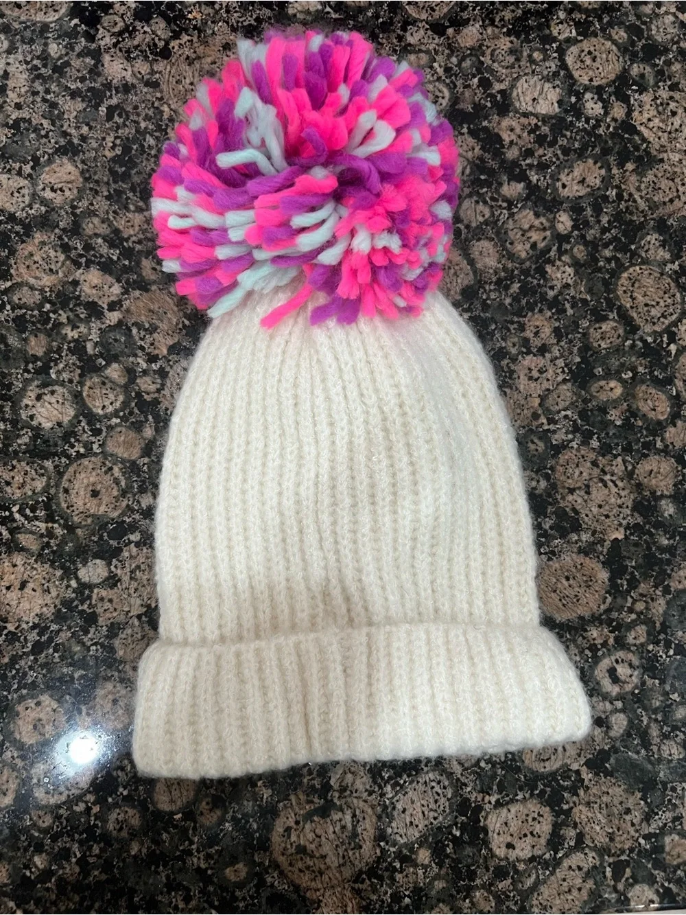 Capelli of New York Cream Knit Kids Beanie with Pink, Purple & Light Blue Pom
